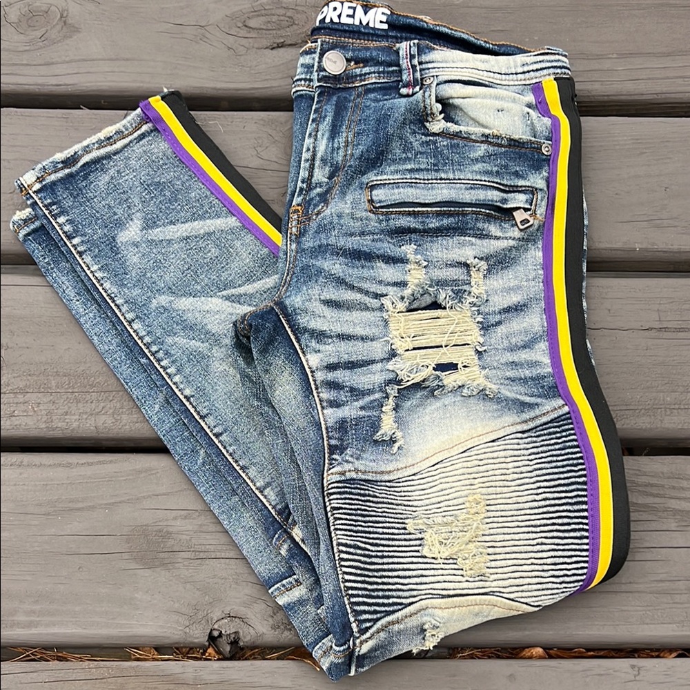 Men's Preme Distressed Y2K Blue Jeans w/Yellow Purple Black Stripes 32x30